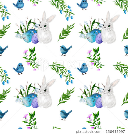 Colourful eggs, blue birds, white rabbit, snowdrops, willow vines and blue bow. Seamless pattern Colourful eggs, blue birds, white rabbit, snowdrops, willow vines and blue bow. Seamless pattern 138452997