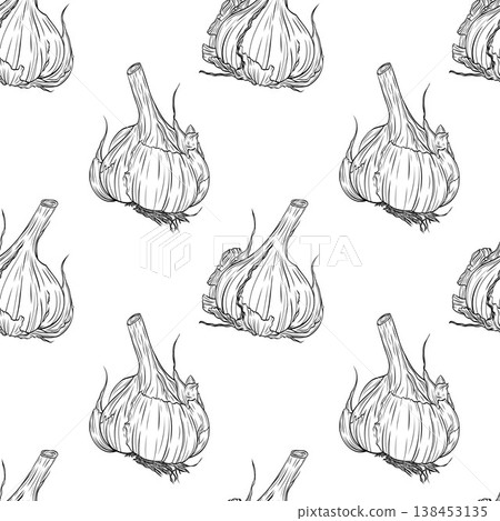 Head of garlic . Monochrome botanical seamless pattern drawing of fragrant herbs and spices. Graphic ink vector. Good for decoration of cooking, menu, decor, stickers, tea, kitchens 138453135