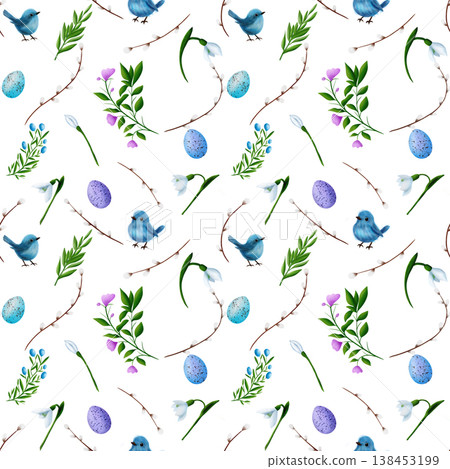 Colourful eggs, blue birds, snowdrops, green branches, willow vines. Seamless pattern 138453199