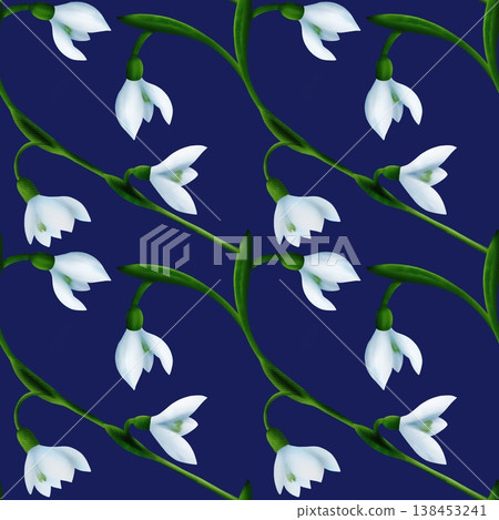 White snowdrops, green branches. Seamless floral botanical pattern. Digital watercolor hand drawn 138453241