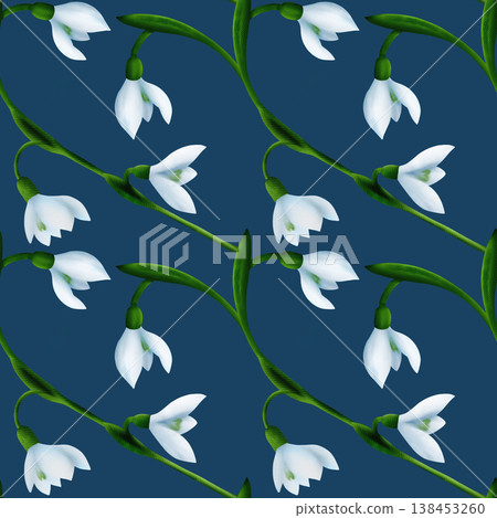 White snowdrops, green branches. Seamless floral botanical pattern. Digital watercolor hand drawn 138453260