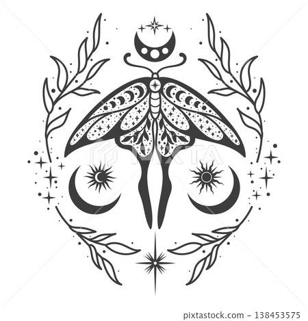 Mystical moth with celestial moon phases and sun symbols in boho line art style. Vector illustration for witchy tattoo designs, tarot cards and esoteric illustration projects. Mystical moth with celestial moon phases and sun symbols in boho line art style. Vector illustration for witchy tattoo designs, tarot cards and esoteric illustration projects. 138453575
