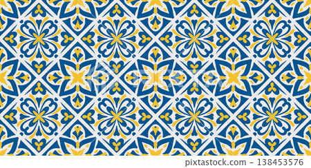Blue and yellow ceramic tiles in traditional Mediterranean style. Seamless floral pattern with Portuguese mosaic ornament for elegant interior design. Vector illustration 138453576