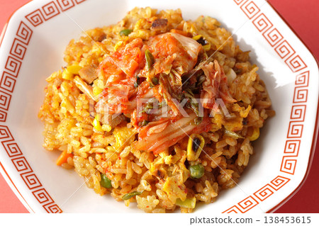 A single serving of spicy kimchi fried rice. 138453615