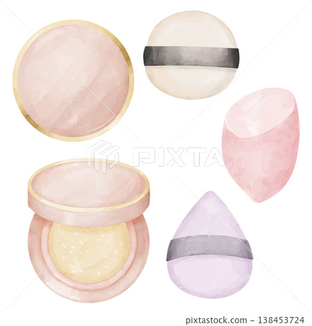 水彩風格插畫套裝,包含氣墊粉底和化妝海綿 水彩風格插畫套裝,包含氣墊粉底和化妝海綿 138453724