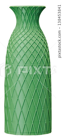 A slim green 3D-printed flower vase with a geometric diamond pattern cut out from a white background. A slim green 3D-printed flower vase with a geometric diamond pattern cut out from a white background. 138453841