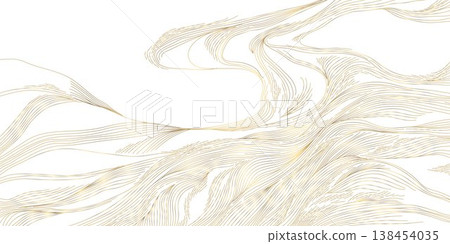 Modern abstract wave oriental pattern, flowing golden lines on white background, Japanese and Chinese design. Elegant vector illustration, clouds, water flow. Luxury packaging, interior design. 138454035