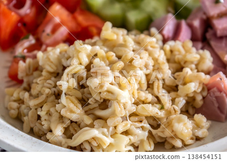 Healthy and balanced meal, protein, vegetable, carbohydrate 138454151