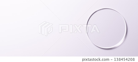 A glass circle on a pink background. A template for placing samples of cosmetics or medical products or food. 138454208