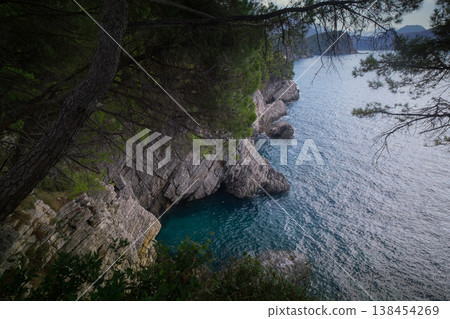 Scenic Adriatic coastal landscape with blue water rocky shore lush green trees and distant mountain peaks 138454269