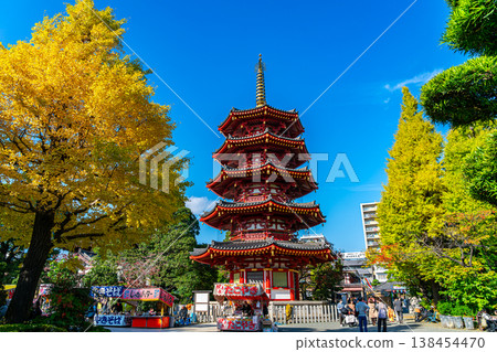 [Kanagawa Prefecture] The octagonal five-story pagoda and the brightly shining yellow ginkgo trees of Kawasaki Daishi Temple 138454470