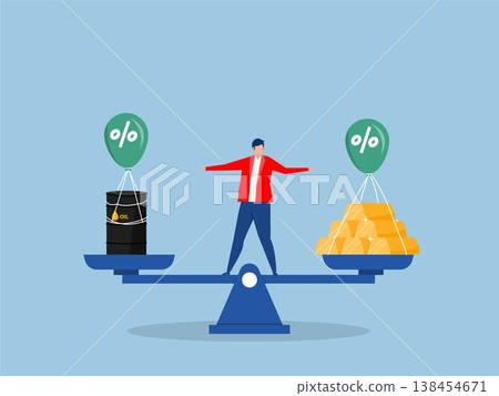 Businessman balancing scales with gold and oil barrel investments, a financial strategy for future assets vector 138454671