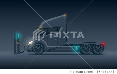 Dark Modern Futuristic Electric Semi Truck Charging at Charger Station Dark Modern Futuristic Electric Semi Truck Charging at Charger Station 138454821