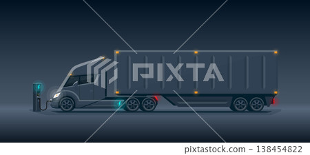 Modern Futuristic Dark Electric Semi Truck with Trailer Charging at Charger Station 138454822