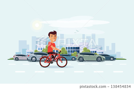 Man on Bicycle on the street with City Skyline Background 138454834