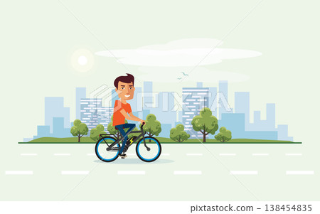 Man on Electric Bicycle on the Street with City Skyline Background 138454835
