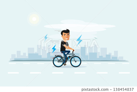 Smiling Man on Electric Bicycle with City Skyline Background Smiling Man on Electric Bicycle with City Skyline Background 138454837