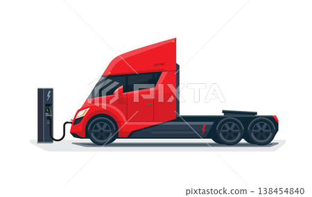 Modern Futuristic Electric Semi Truck Charging at Charger Station Modern Futuristic Electric Semi Truck Charging at Charger Station 138454840
