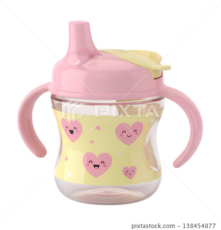 Cheerful pink and yellow baby sippy cup with easy-grip handles and a cute heart design, representing toddler feeding and spill-proof drinking 138454877