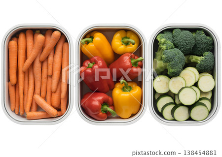 Collection of fresh, colorful vegetables neatly portioned in glass meal prep containers, representing healthy eating, planning, and weekly food organization Collection of fresh, colorful vegetables neatly portioned in glass meal prep containers, representing healthy eating, planning, and weekly food organization 138454881