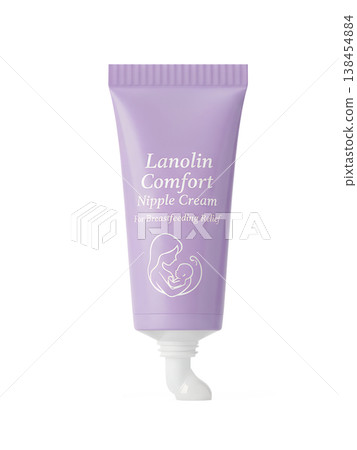 Tube of purple-labeled lanolin nipple cream specifically for breastfeeding mothers, representing postpartum comfort, lactation support, and skin care 138454884