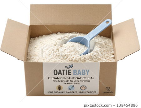 Open box of organic infant oat cereal with a measuring scoop inside, representing first solid foods, baby-led weaning, and wholesome nutrition 138454886