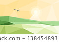 Stylized Low Poly Landscape with Hills, Sun and Birds 138454893