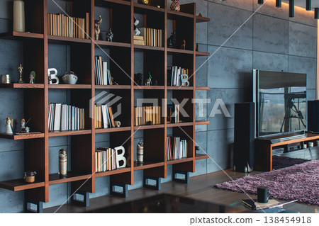 Cozy modern apartment concept. Luxury interior design. Dream house decoration. Wooden bookshelf with books and TV set along the wall. Atmospheric living room design. Home with modern furniture 138454918