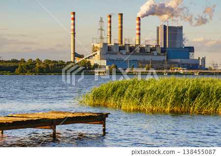 View of the coal-fired power plant located by the lake. Patnow, Konin in Polamd. View of the coal-fired power plant located by the lake. Patnow, Konin in Polamd. 138455087