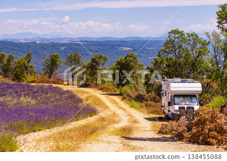 Recreational vehicle motorhome camp at lavender field, Provence in France. Recreational vehicle motorhome camp at lavender field, Provence in France. 138455088