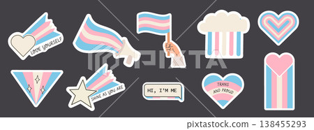 Trans pride sticker set with LGBTQ elements, hearts, flags and supportive symbols. Cute retro style illustrations for social media, merch, packaging and print design. Vector illustration collection. Trans pride sticker set with LGBTQ elements, hearts, flags and supportive symbols. Cute retro style illustrations for social media, merch, packaging and print design. Vector illustration collection. 138455293