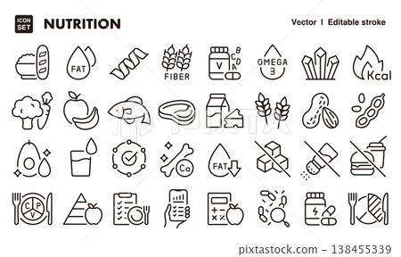 Nutrition and Health Food Icon Set (Thin Lines, Vector Materials): Nutrients, Diet Management, Lifestyle Nutrition and Health Food Icon Set (Thin Lines, Vector Materials): Nutrients, Diet Management, Lifestyle 138455339