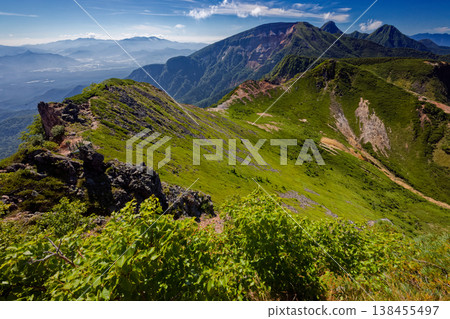 A view of Mt. Iou, Mt. Akadake, Mt. Amidadake, and the Okuchichibu mountain range from Higashi-Tengudake in the Yatsugatake mountain range. A view of Mt. Iou, Mt. Akadake, Mt. Amidadake, and the Okuchichibu mountain range from Higashi-Tengudake in the Yatsugatake mountain range. 138455497