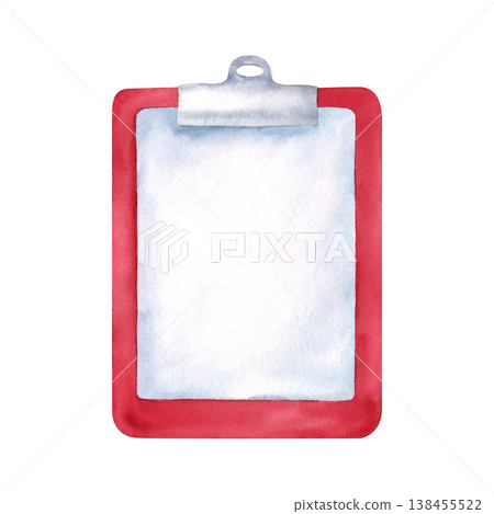 Red medical clipboard with blank sheet of paper. Stationery clipboard with metal clip. Watercolor isolated hand drawn illustration for medical graphics, patient records, healthcare-related designs Red medical clipboard with blank sheet of paper. Stationery clipboard with metal clip. Watercolor isolated hand drawn illustration for medical graphics, patient records, healthcare-related designs 138455522