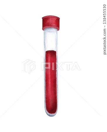 Medical laboratory test tube with blood, red sample liquid. Watercolor isolated clip art for healthcare topics, medical research, analysis. Hand drawn illustration for blood donation poster Medical laboratory test tube with blood, red sample liquid. Watercolor isolated clip art for healthcare topics, medical research, analysis. Hand drawn illustration for blood donation poster 138455530