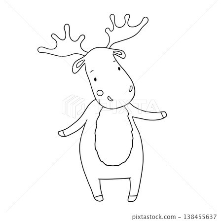 Cute cartoon moose outline, simple black doodle style for kids illustration. Funny forest animal character, hand drawn vector for coloring page isolated on white background Cute cartoon moose outline, simple black doodle style for kids illustration. Funny forest animal character, hand drawn vector for coloring page isolated on white background 138455637