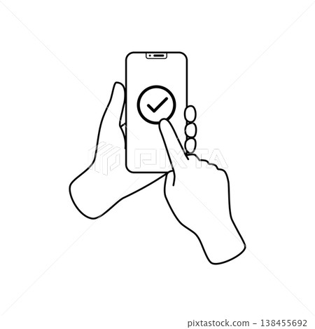 A line drawing illustration of tapping a checkmark on a smartphone. A line drawing illustration of tapping a checkmark on a smartphone. 138455692