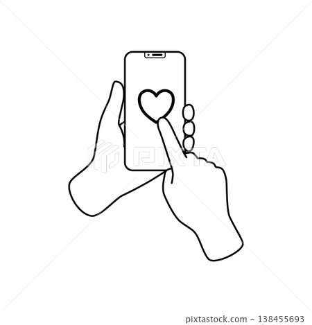 Line art illustration of tapping a heart icon on a smartphone 138455693