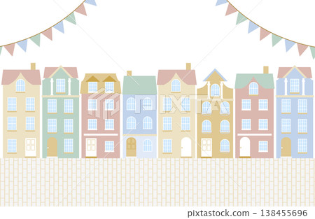 一幅以柔和色調的歐式聯排別墅為主題的扁平化插圖,適用於明信片設計及其他用途。 一幅以柔和色調的歐式聯排別墅為主題的扁平化插圖,適用於明信片設計及其他用途。 138455696