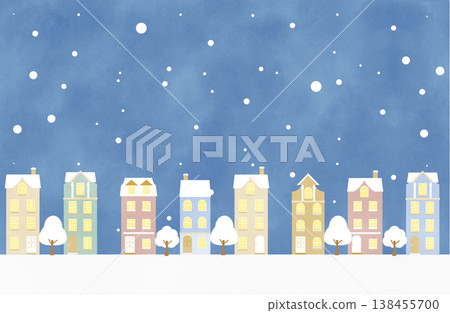 An illustration of a street scene with European-style houses covered in snow, suitable for Christmas and other occasions. 138455700