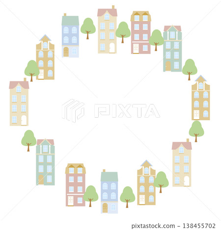 一個圓形框架,上面排列著一排可愛的歐式房屋。 一個圓形框架,上面排列著一排可愛的歐式房屋。 138455702