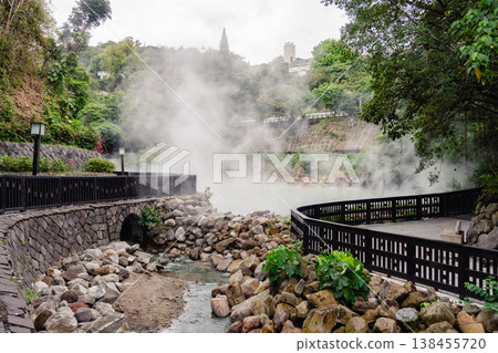A scene of steam rising from the geothermal valley in Beitou Hot Springs, Taiwan. A scene of steam rising from the geothermal valley in Beitou Hot Springs, Taiwan. 138455720