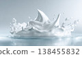 Close up of a white liquid splash forming an intricate crown, with several droplets suspended in the air. Capturing movement and freshness 138455832