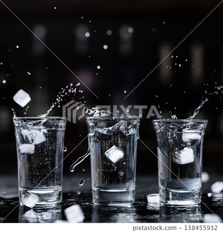 three shot glasses with splashing alcohol 138455932