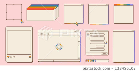 Retro computer popup window set with rainbow pride accents. Nostalgic y2k internet browser frames, chat interface, loading bars, and social media windows for inclusive LGBTQ digital design. Vector. Retro computer popup window set with rainbow pride accents. Nostalgic y2k internet browser frames, chat interface, loading bars, and social media windows for inclusive LGBTQ digital design. Vector. 138456102