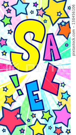 A lively background with focus lines and the word "SALE." A pop-art sale banner with colorful stars popping out. Vertical smartphone design. A lively background with focus lines and the word "SALE." A pop-art sale banner with colorful stars popping out. Vertical smartphone design. 138456106
