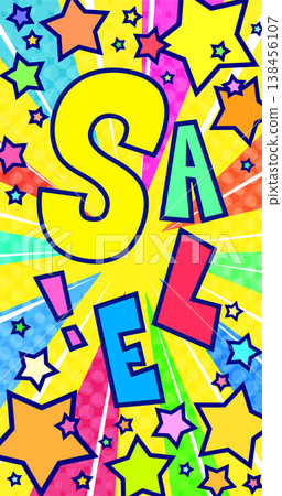 A lively background with focus lines and the word "SALE." A pop-art sale banner with colorful stars popping out. Vertical smartphone design. 138456107