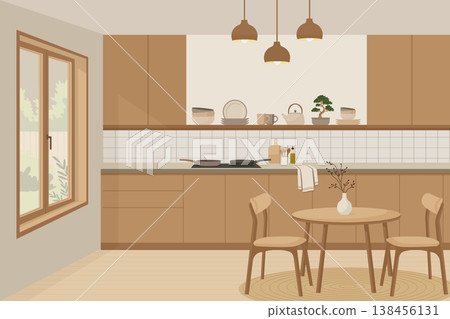Modern kitchen interior with dining table and chairs in japandi style vector illustration. Modern kitchen interior with dining table and chairs in japandi style vector illustration. 138456131