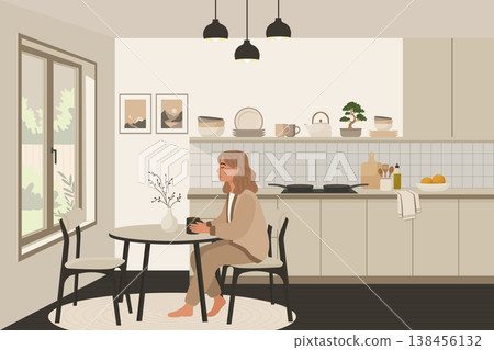 Woman sitting in kitchen drinking coffee in modern japandi apartment vector illustration. Woman sitting in kitchen drinking coffee in modern japandi apartment vector illustration. 138456132