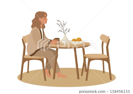 Woman drinking coffee at table in japandi style interior vector illustration. Woman drinking coffee at table in japandi style interior vector illustration. 138456133